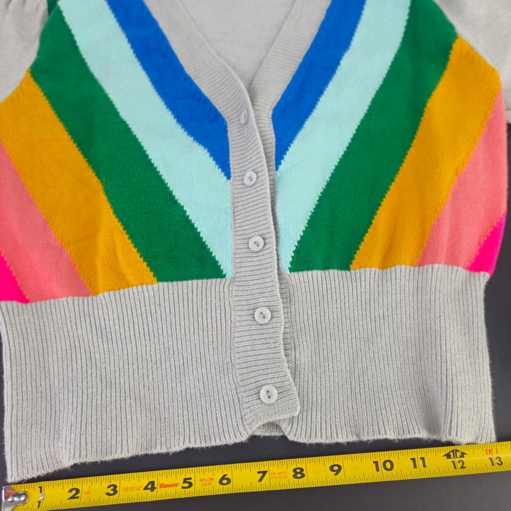 OXKNITSTORE Retro Rainbow Stripe Short Sleeve Soft Cardigan Grey V-Neck Button - Picture 4 of 8